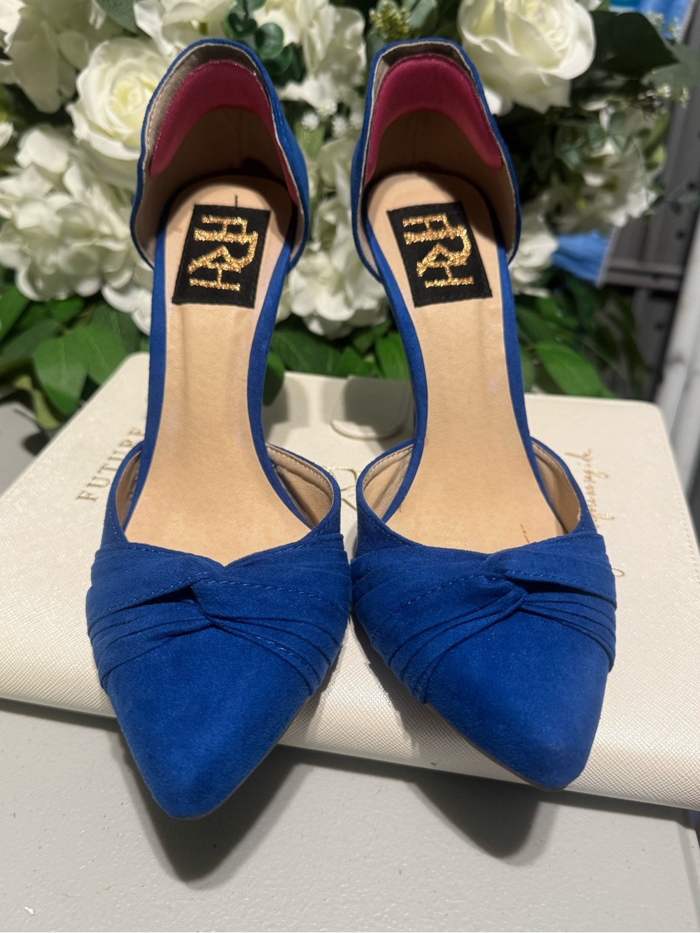 FRH Cobalt Blue Suede D'Orsay Pointed Heels with Knotted Front